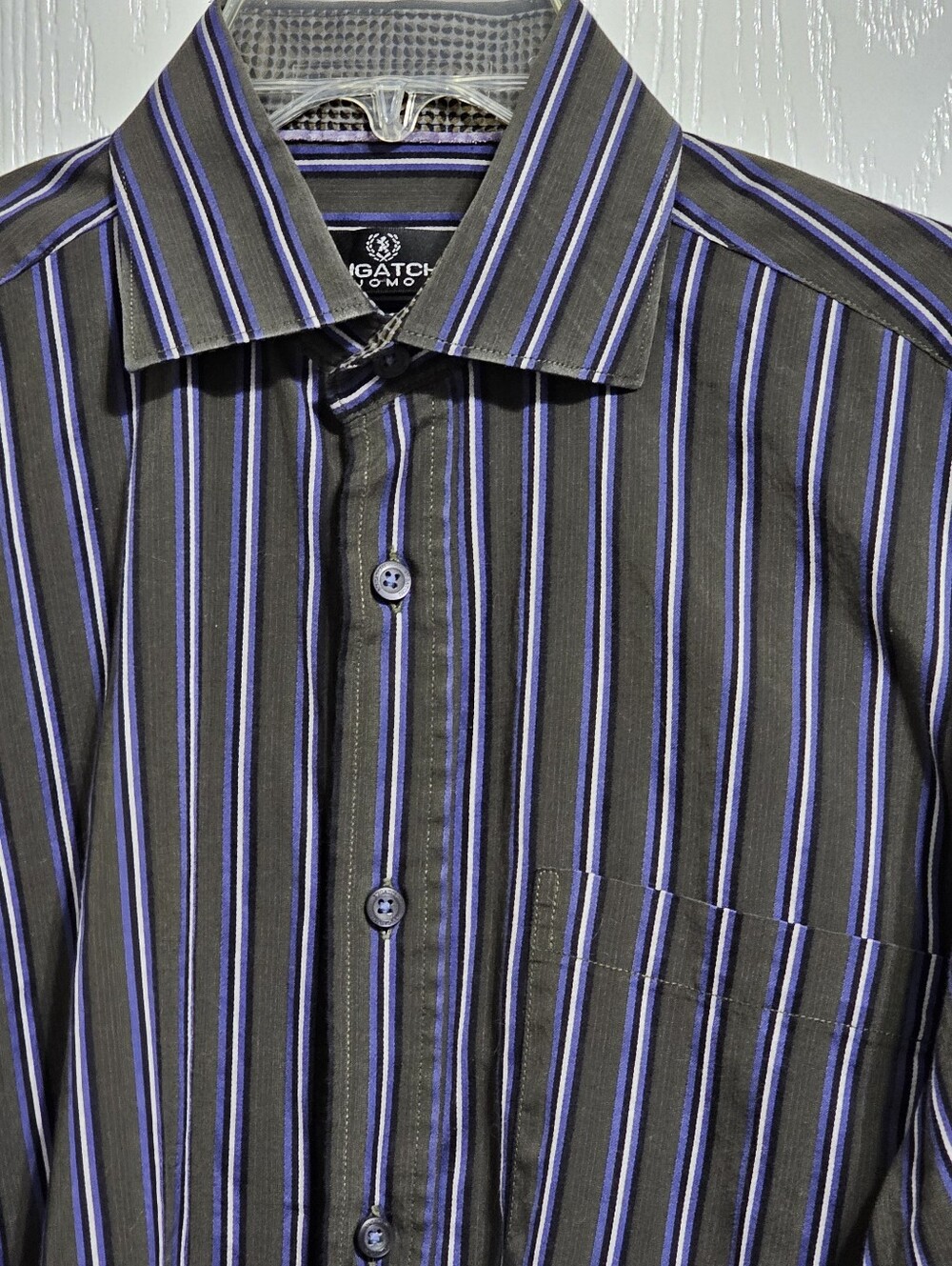 Bugatchi Uomo Long Sleeve Dress Shirt Dark Grey Blue Stripe Size M